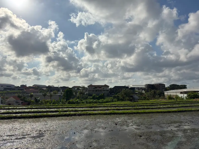 Rice fields and village rooftops under a cloudy sky in Canggu